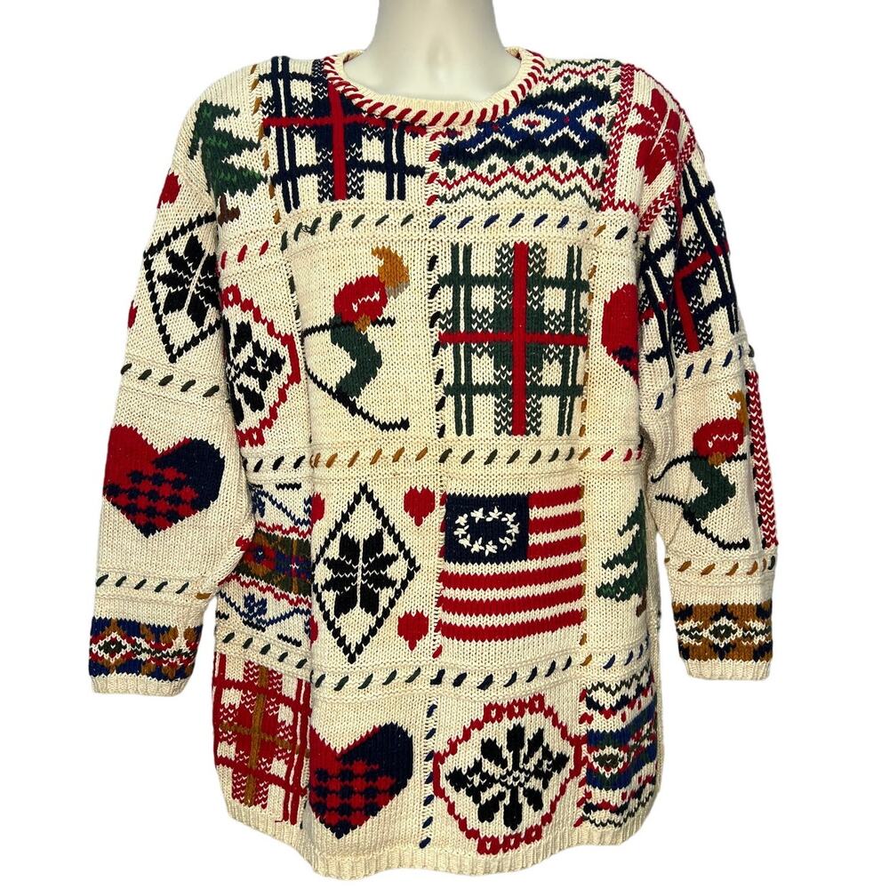 Jacque & Koko Patchwork Knit Sweater Size 18/20 XXL Ski Flag Winter Heart Womens